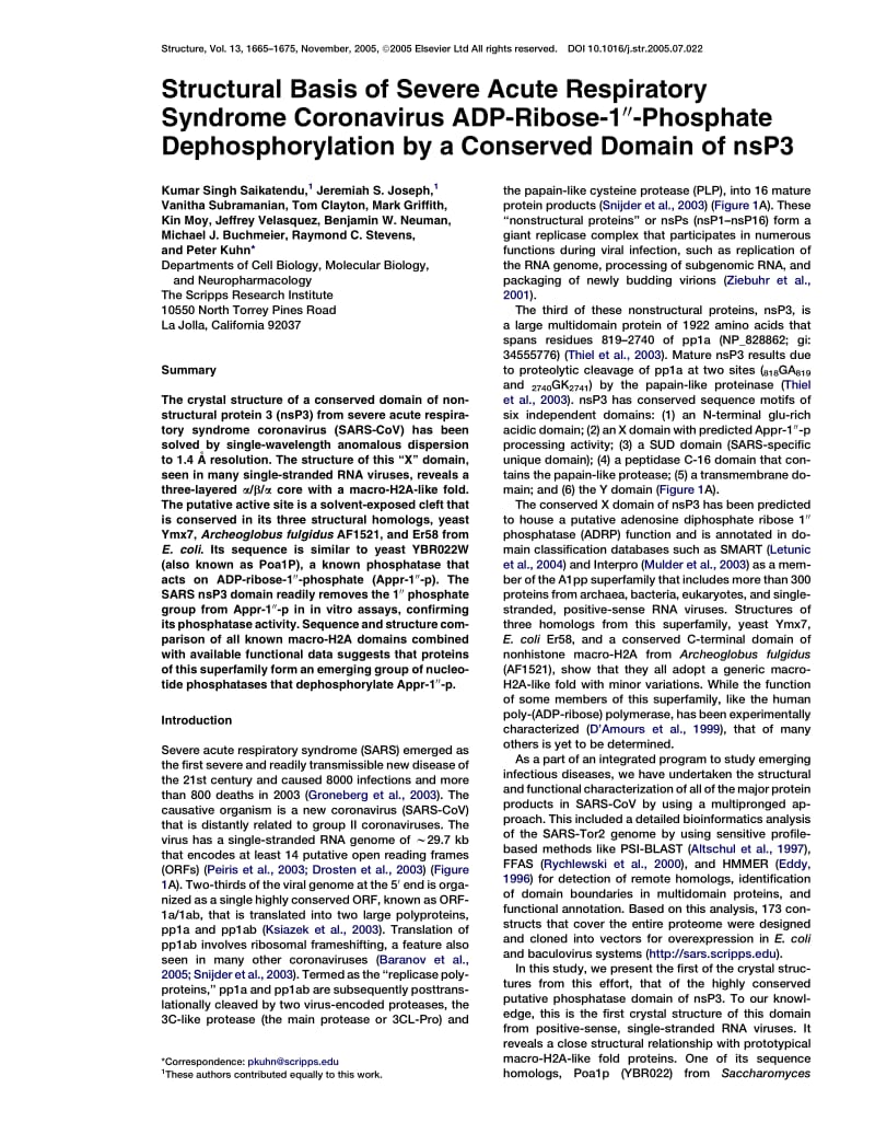 【病毒外文文献】2005 Structural Basis of Severe Acute Respiratory Syndrome Coronavirus ADP-Ribose-1_-Phosphate Dephosphorylation by a Co_第1页