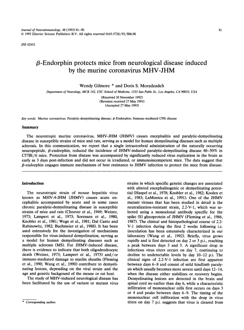 【病毒外文文献】1993 _-Endorphin protects mice from neurological disease induced by the murine coronavirus MHV-JHM_第1页