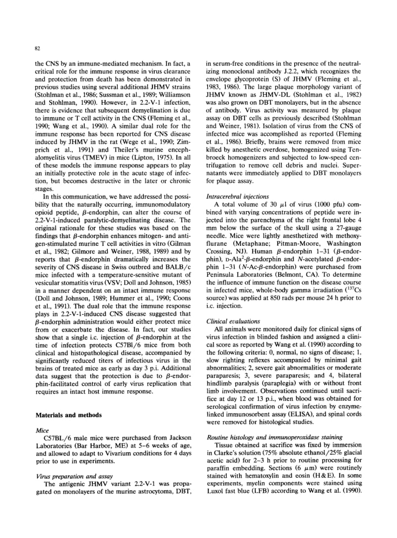 【病毒外文文献】1993 _-Endorphin protects mice from neurological disease induced by the murine coronavirus MHV-JHM_第2页