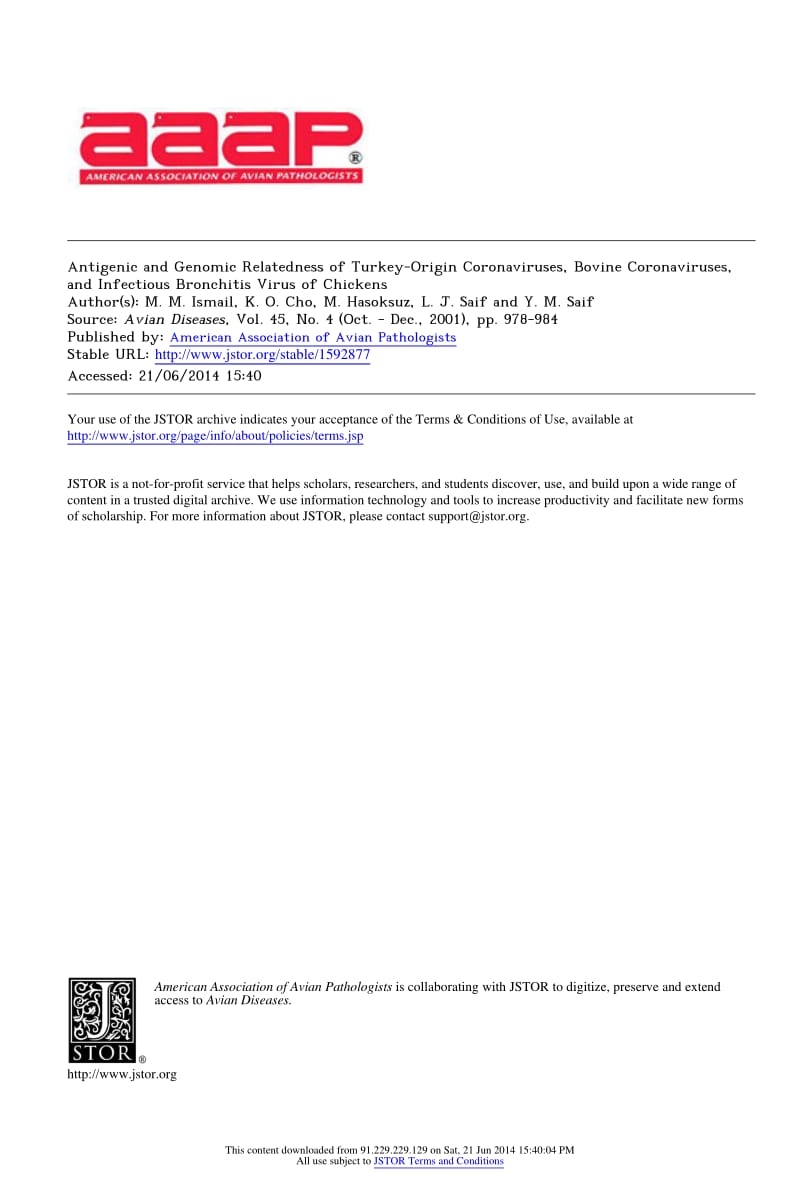 【病毒外文文献】2001 Antigenic and Genomic Relatedness of Turkey-Origin Coronaviruses, Bovine Coronaviruses, and Infectious Bronchitis V_第1页