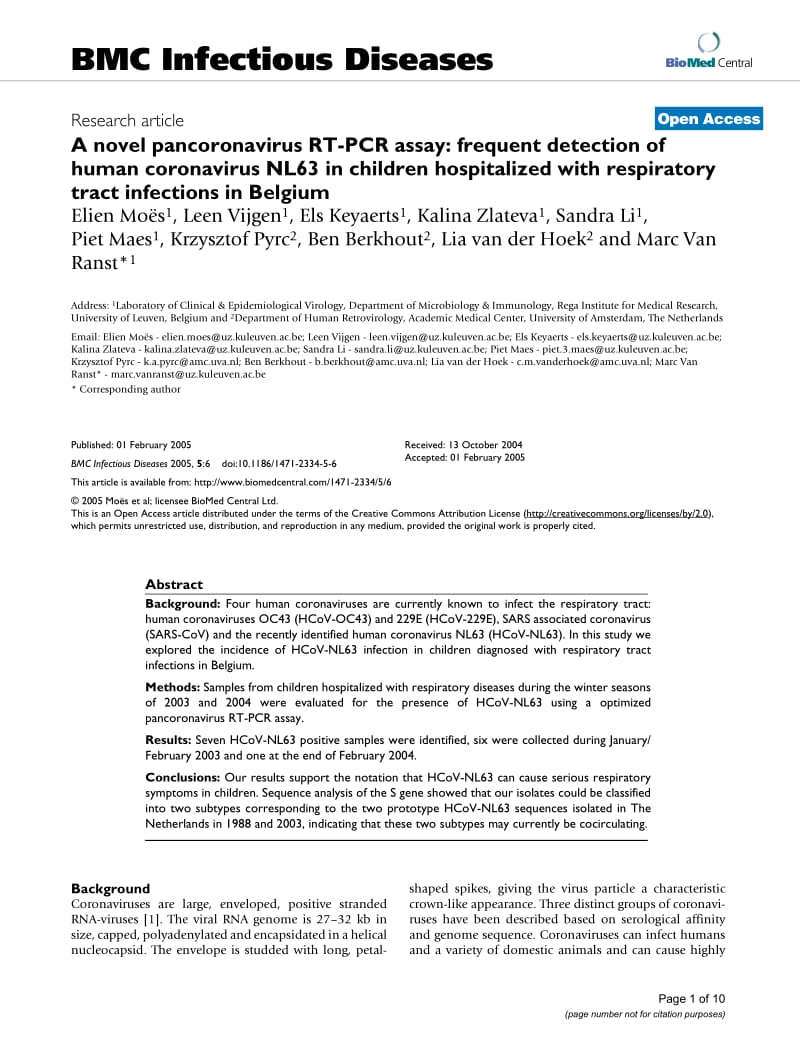 【病毒外文文献】2005 A novel pancoronavirus RT-PCR assay_ frequent detection of human coronavirus NL63 in children hospitalized with res_第1页