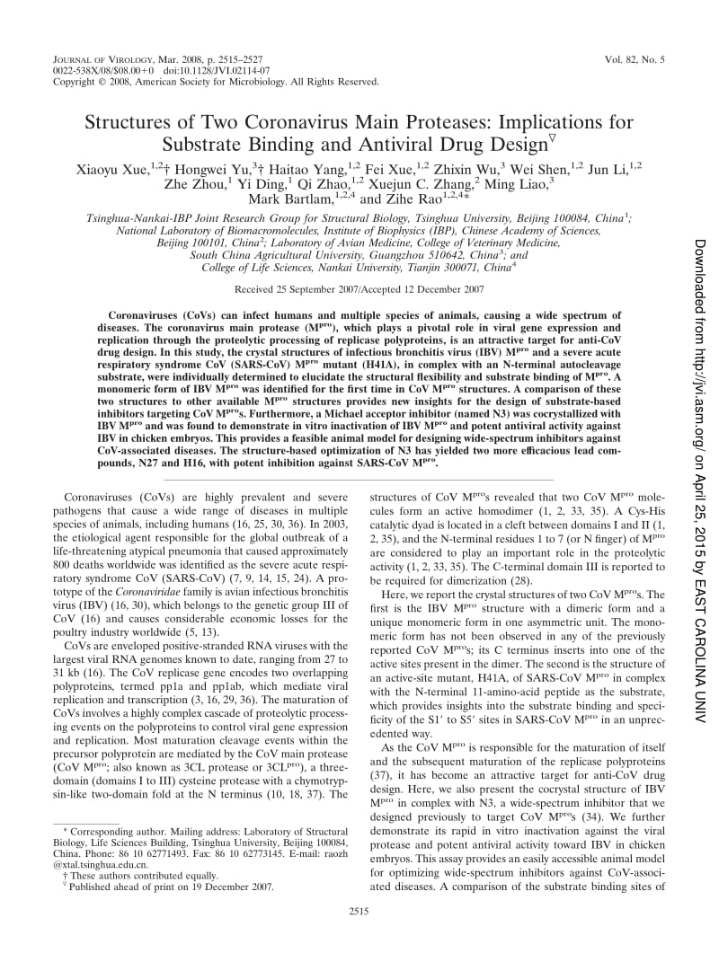 【病毒外文文献】2008 Structures of Two Coronavirus Main Proteases_ Implications for Substrate Binding and Antiviral Drug Design_第1页