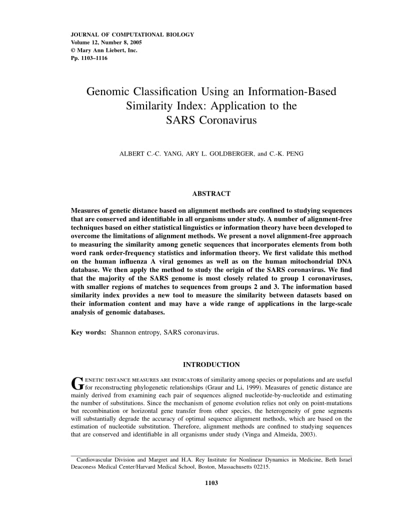 【病毒外文文献】2005 Genomic Classification Using an Information-Based Similarity Index_ Application to the SARS Coronavirus_第1页