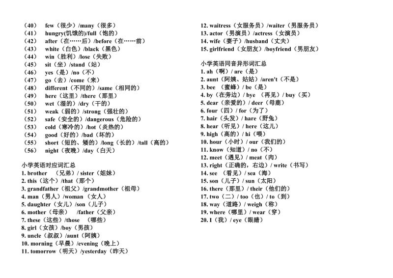 小学英语同义词、对应词、反义词、同音异形词汇总(8K).doc_第3页