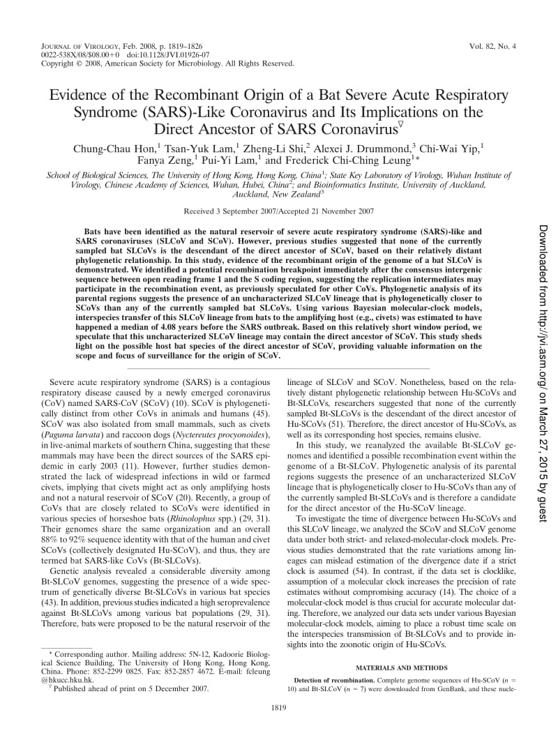 【病毒外文文献】2008 Evidence of the Recombinant Origin of a Bat Severe Acute Respiratory Syndrome (SARS)-Like Coronavirus and Its Impli_第1页