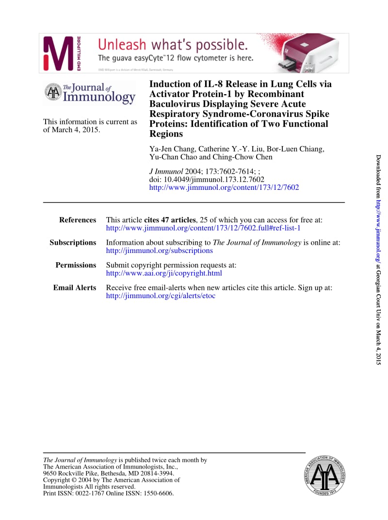 【病毒外文文献】2004 Induction of IL-8 Release in Lung Cells via Activator Protein-1 by Recombinant Baculovirus Displaying Severe Acute_第1页