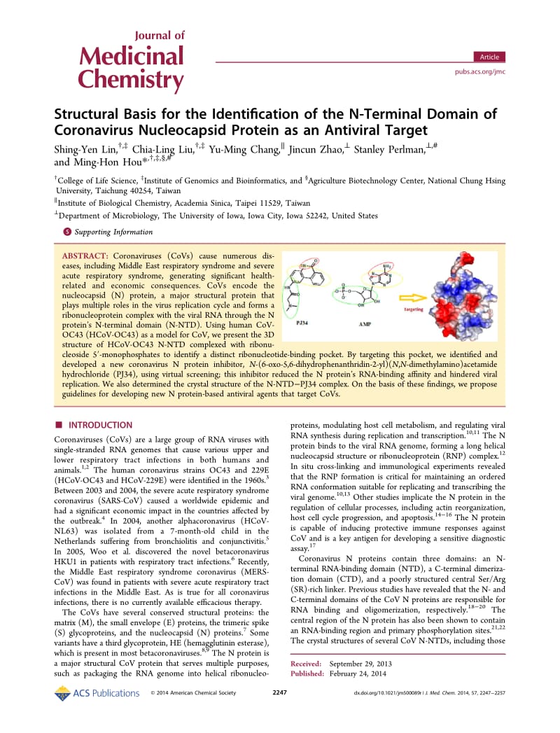 【病毒外文文献】2014 Structural Basis for the Identification of the N-Terminal Domain of Coronavirus Nucleocapsid Protein as an Antivira_第1页