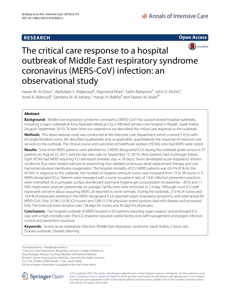 【病毒外文文献】2016 The critical care response to a hospital outbreak of Middle East respiratory syndrome coronavirus (MERS-CoV) infect_第1页