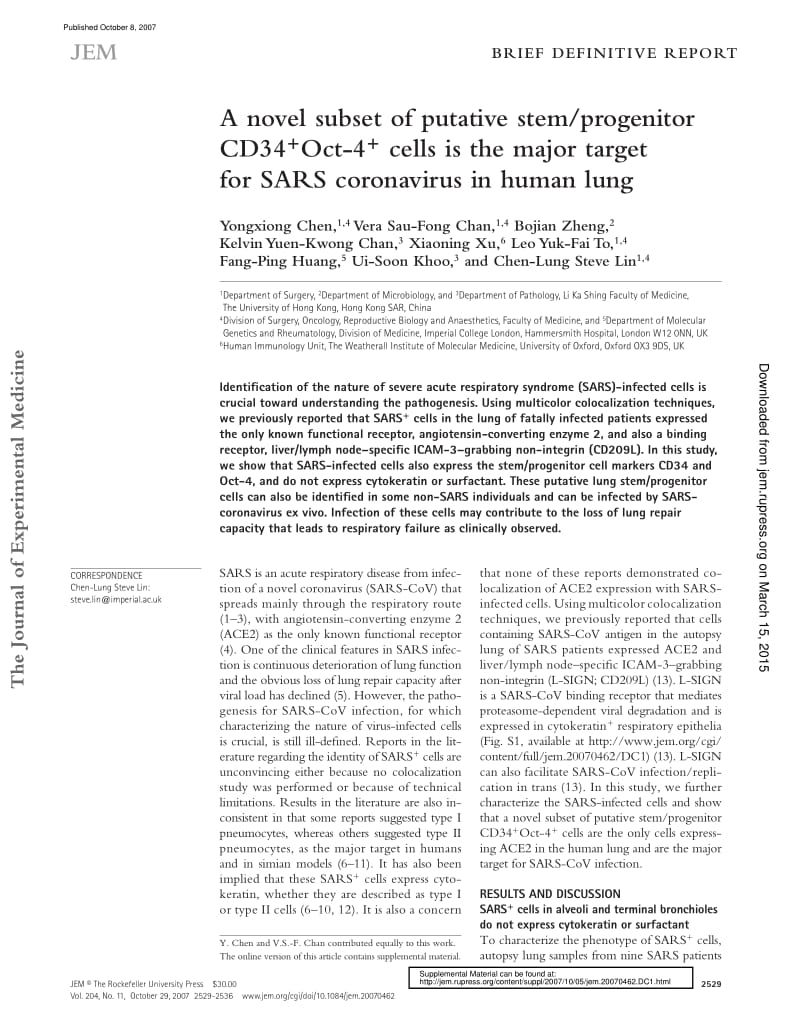 【病毒外文文献】2007 A novel subset of putative stem_progenitor CD34+Oct-4+ cells is the major target for SARS coronavirus in human lung_第1页
