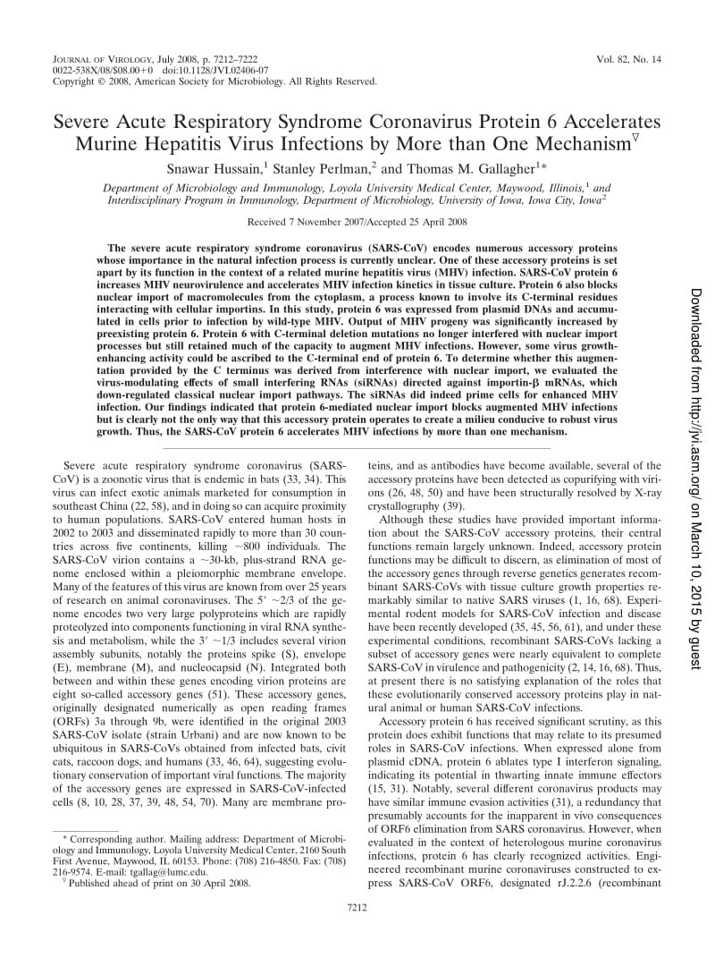 【病毒外文文献】2008 Severe Acute Respiratory Syndrome Coronavirus Protein 6 Accelerates Murine Hepatitis Virus Infections by More than_第1页