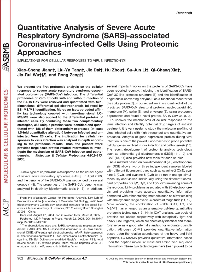【病毒外文文献】2005 Quantitative Analysis of Severe Acute Respiratory Syndrome (SARS)-associated Coronavirus-infected Cells Using Prote_第1页