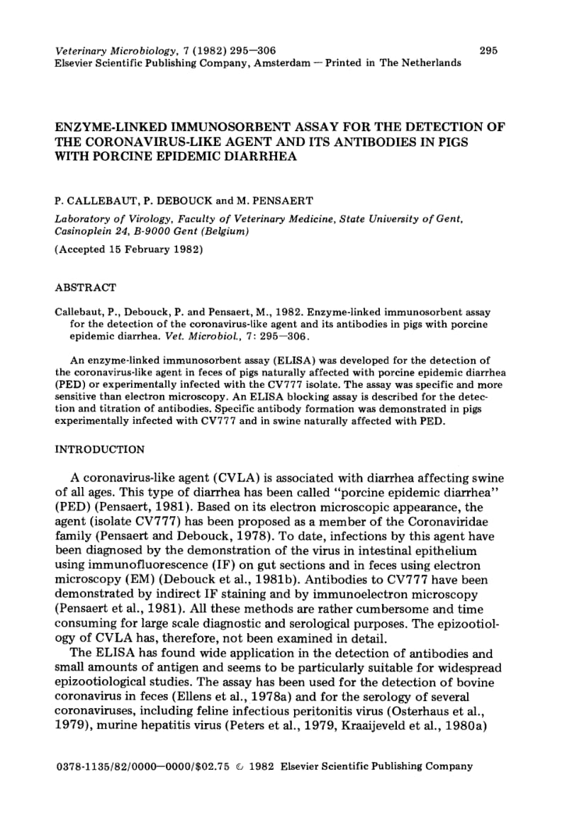 【病毒外文文献】1982 Enzyme-linked immunosorbent assay for the detection of the coronavirus-like agent and its antibodies in pigs with p_第1页