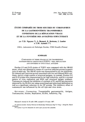 【病毒外文文獻】1987 _tude compar_e de trois souches du coronavirus de la gastroent_rite transmissible_ Conditions de la r_plicationvira