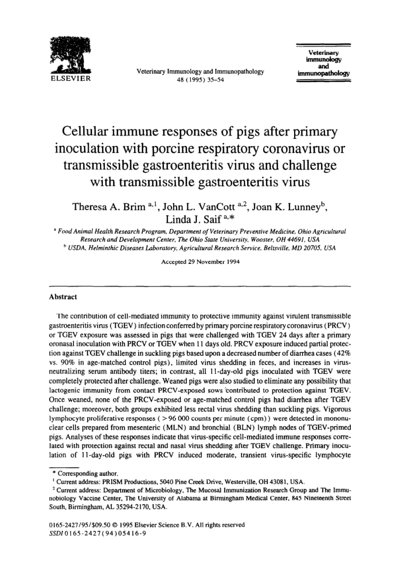 【病毒外文文獻(xiàn)】1995 Cellular immune responses of pigs after primary inoculation with porcine respiratory coronavirus or transmissible g