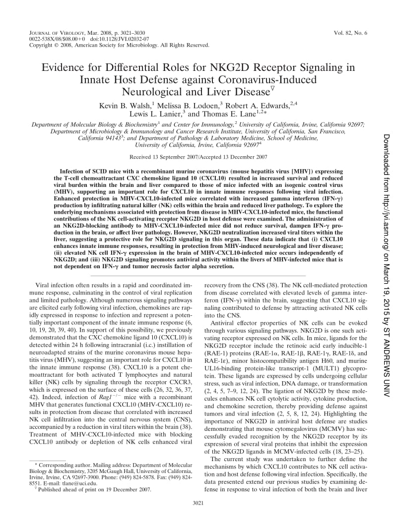 【病毒外文文献】2008 Evidence for Differential Roles for NKG2D Receptor Signaling in Innate Host Defense against Coronavirus-Induced Neu_第1页