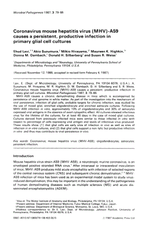 【病毒外文文獻】1987 Coronavirus mouse hepatitis virus (MHV)-A59 causes a persistent, productive infection in primary glial cell culture