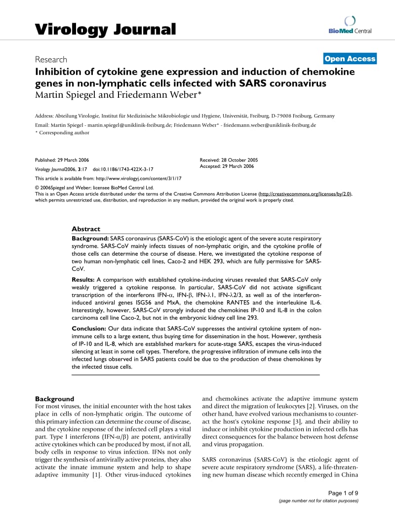 【病毒外文文献】2006 Inhibition of cytokine gene expression and induction of chemokine genes in non-lymphatic cells infected with SARS c_第1页