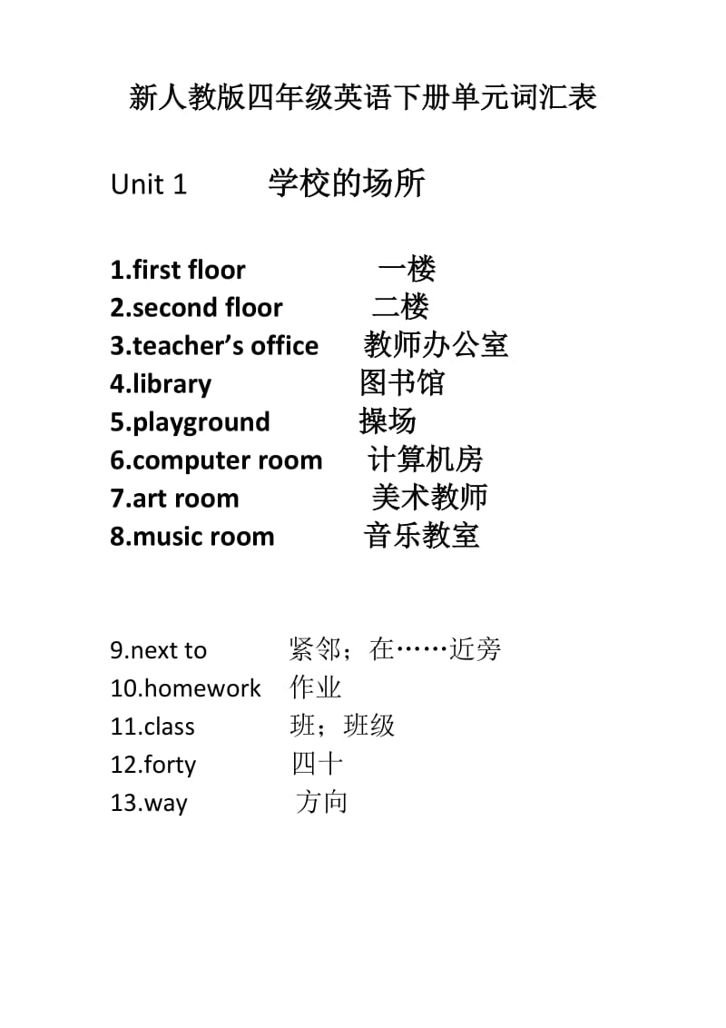 新人教版四年级英语下册单元词汇表.doc_第1页