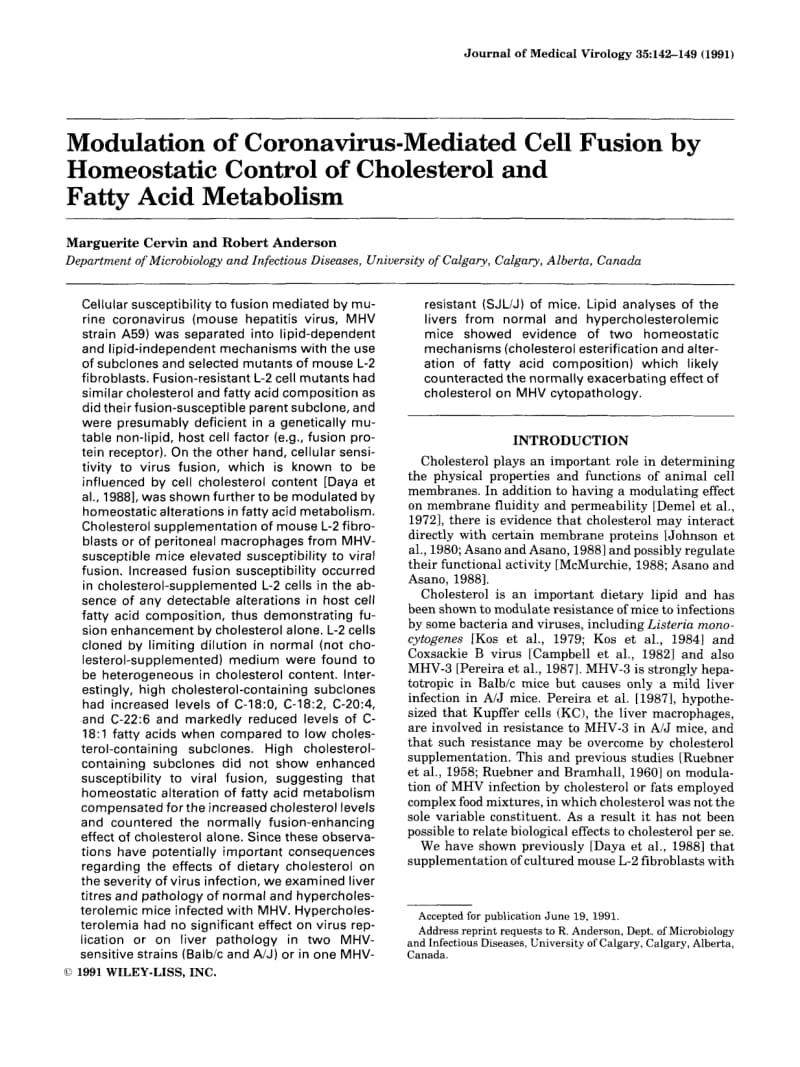 【病毒外文文献】1991 Modulation of coronavirus-mediated cell fusion by homeostatic control of cholesterol and fatty acid metabolism_第1页
