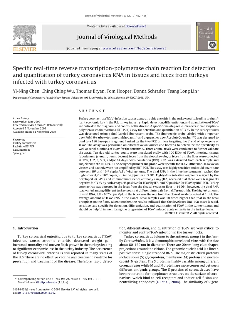 【病毒外文文献】2010 Specific real-time reverse transcription-polymerase chain reaction for detection and quantitation of turkey coronav_第1页