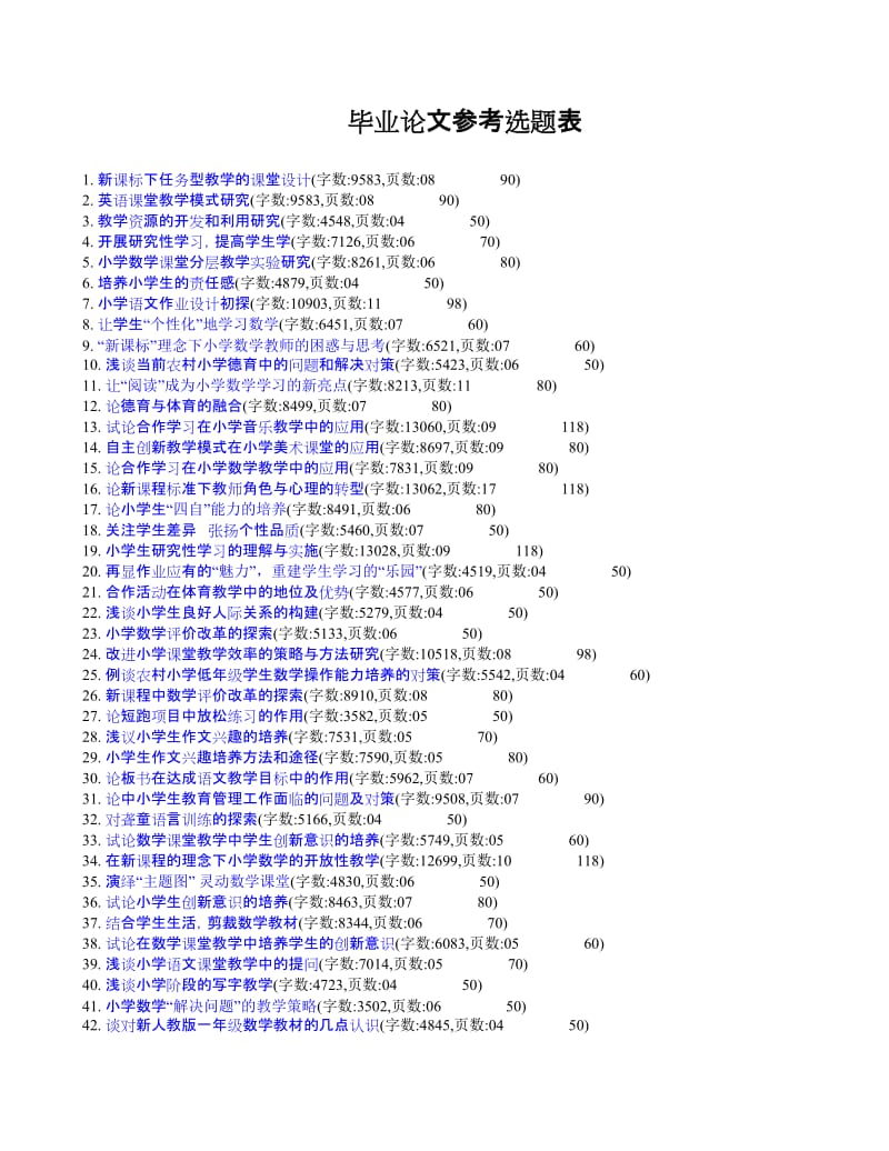 小学教育专业毕业论文论文范文毕业论文参考选题表.doc_第1页