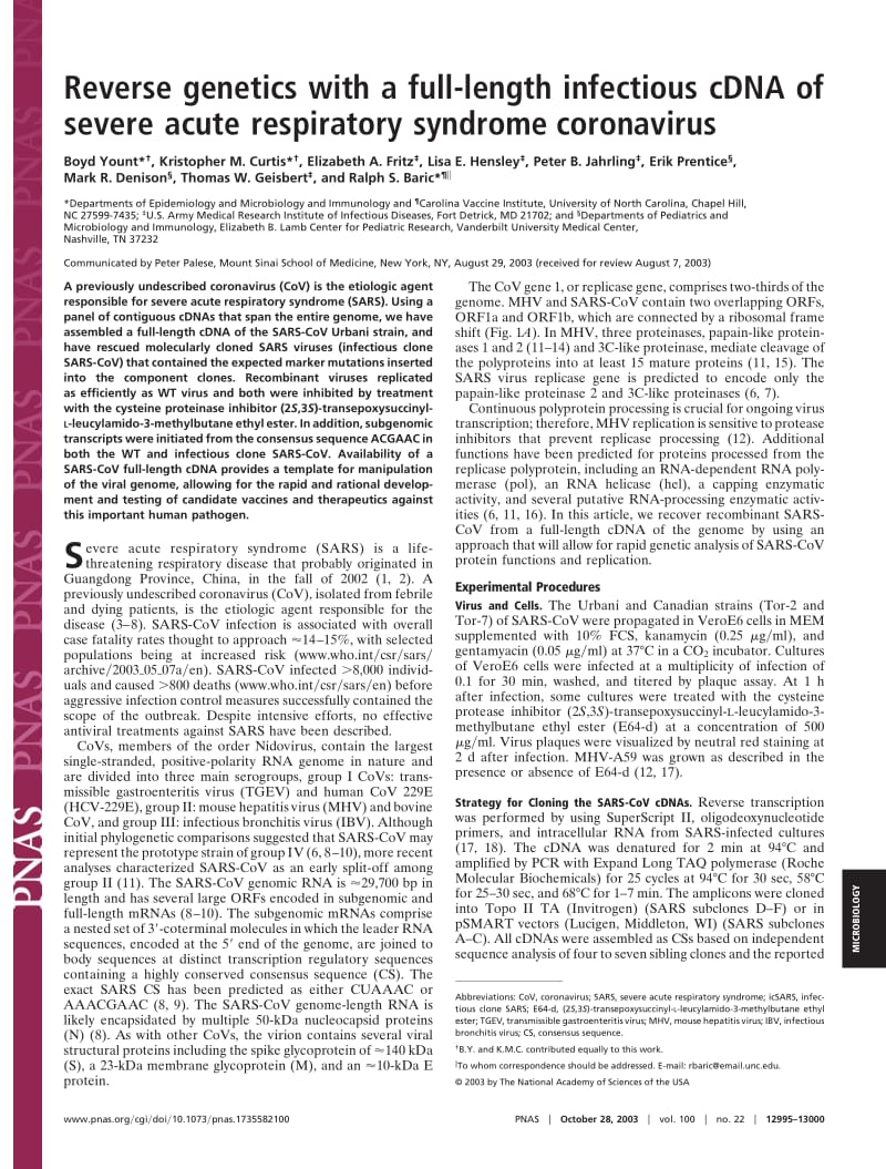 【病毒外文文献】2003 Reverse genetics with a full-length infectious cDNA of severe acute respiratory syndrome coronavirus_第1页