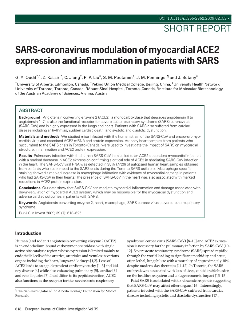 【病毒外文文献】2009 SARS-coronavirus modulation of myocardial ACE2 expression and inflammation in patients with SARS_第1页