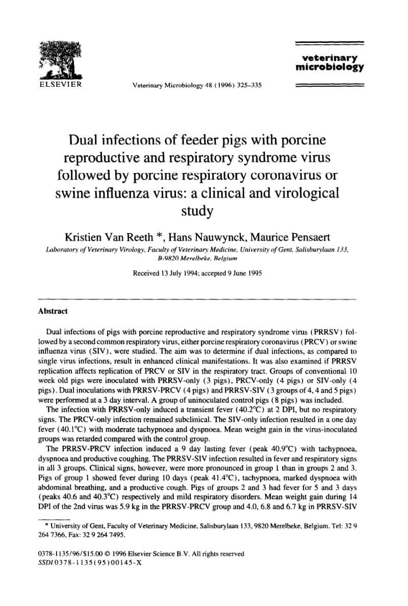 【病毒外文文献】1996 Dual infections of feeder pigs with porcine reproductive and respiratory syndrome virus followed by porcine respira_第1页