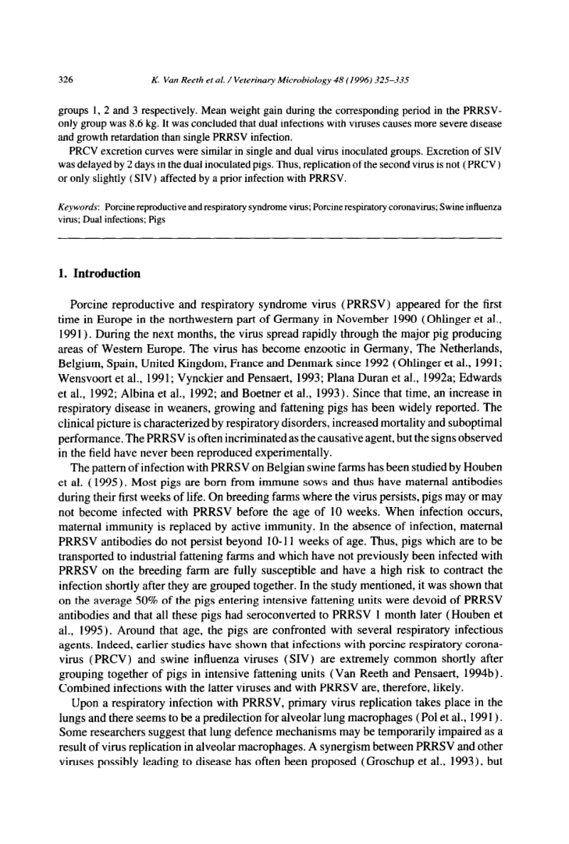 【病毒外文文献】1996 Dual infections of feeder pigs with porcine reproductive and respiratory syndrome virus followed by porcine respira_第2页