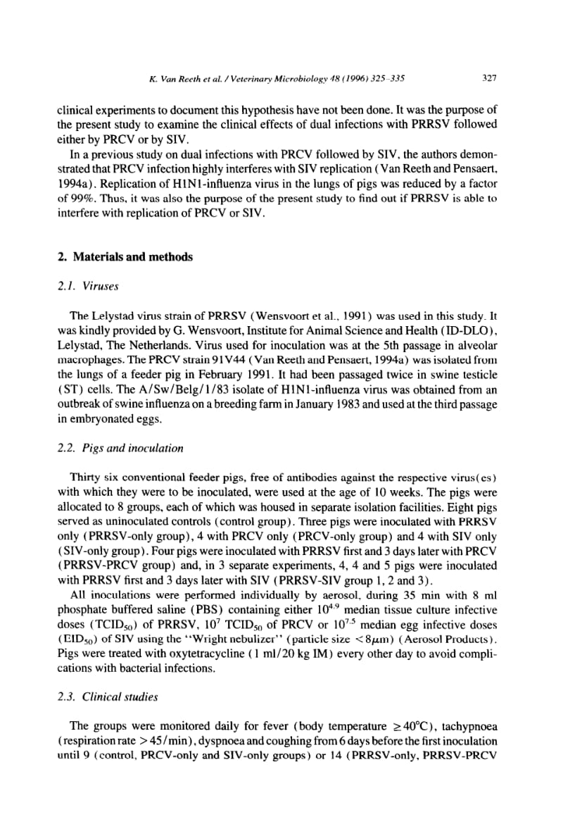 【病毒外文文献】1996 Dual infections of feeder pigs with porcine reproductive and respiratory syndrome virus followed by porcine respira_第3页