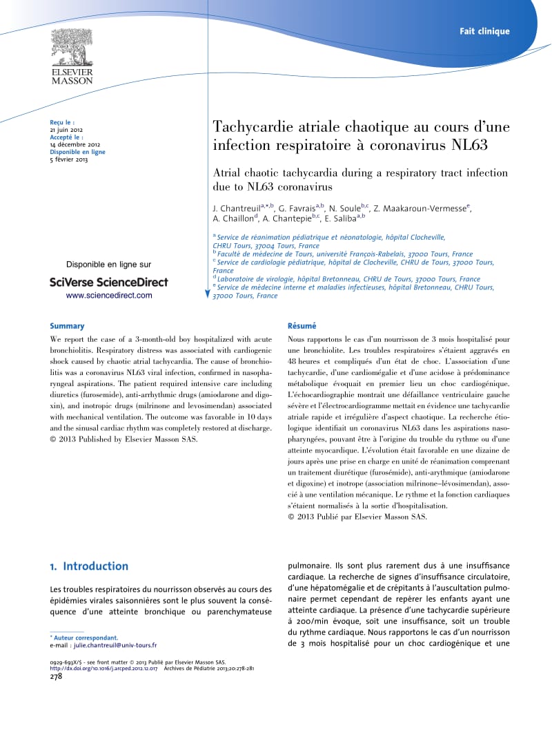 【病毒外文文献】2013 Tachycardie atriale chaotique au cours d_une infection respiratoire _ coronavirus NL63_第1页