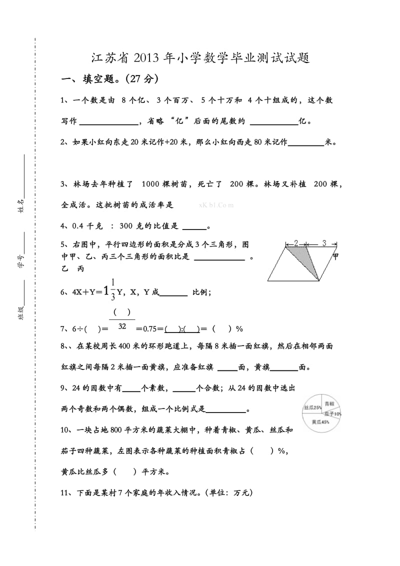 江苏省2013年小学数学毕业测试试题.doc_第1页