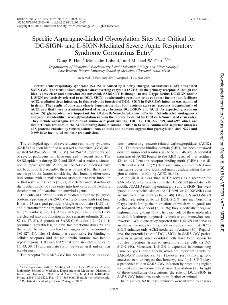 【病毒外文文獻】2007 Specific Asparagine-Linked Glycosylation Sites Are Critical for DC-SIGN- and L-SIGN-Mediated Severe Acute Respirato