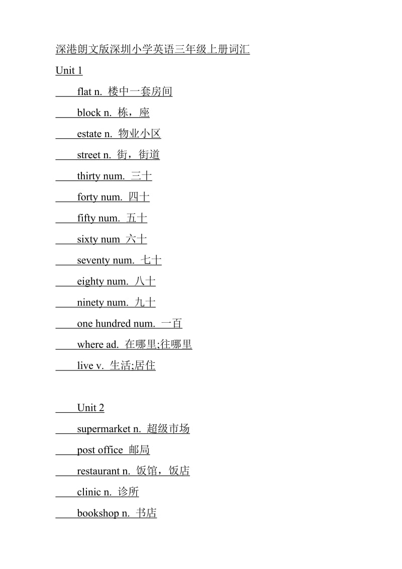 深港朗文版深圳小学英语三年级至四年级词汇.doc_第1页