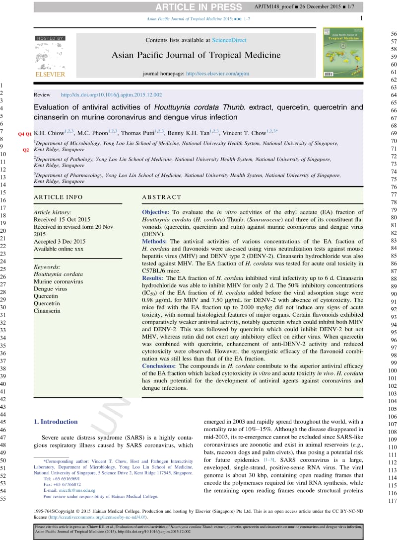 【病毒外文文獻】2015 Evaluation of antiviral activities of Houttuynia cordata Thunb_ extract, quercetin, quercetrin and cinanserin on mu