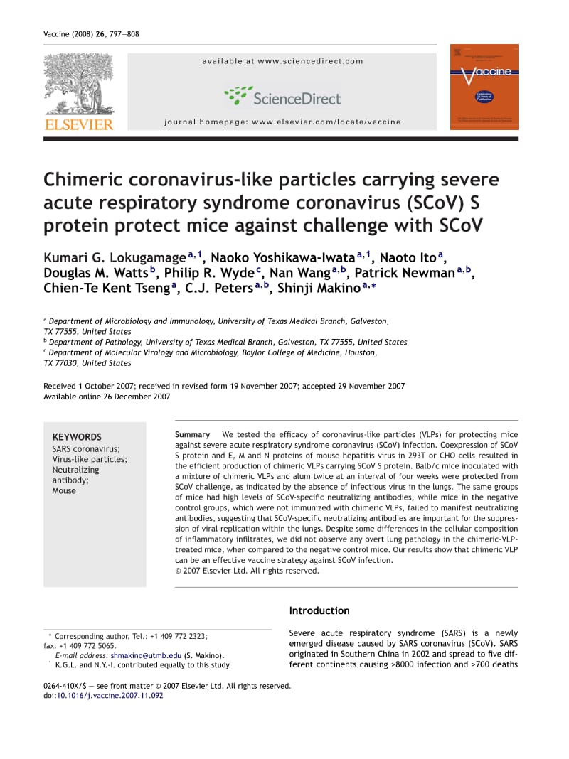 【病毒外文文献】2008 Chimeric coronavirus-like particles carrying severe acute respiratory syndrome coronavirus (SCoV) S protein protect_第1页