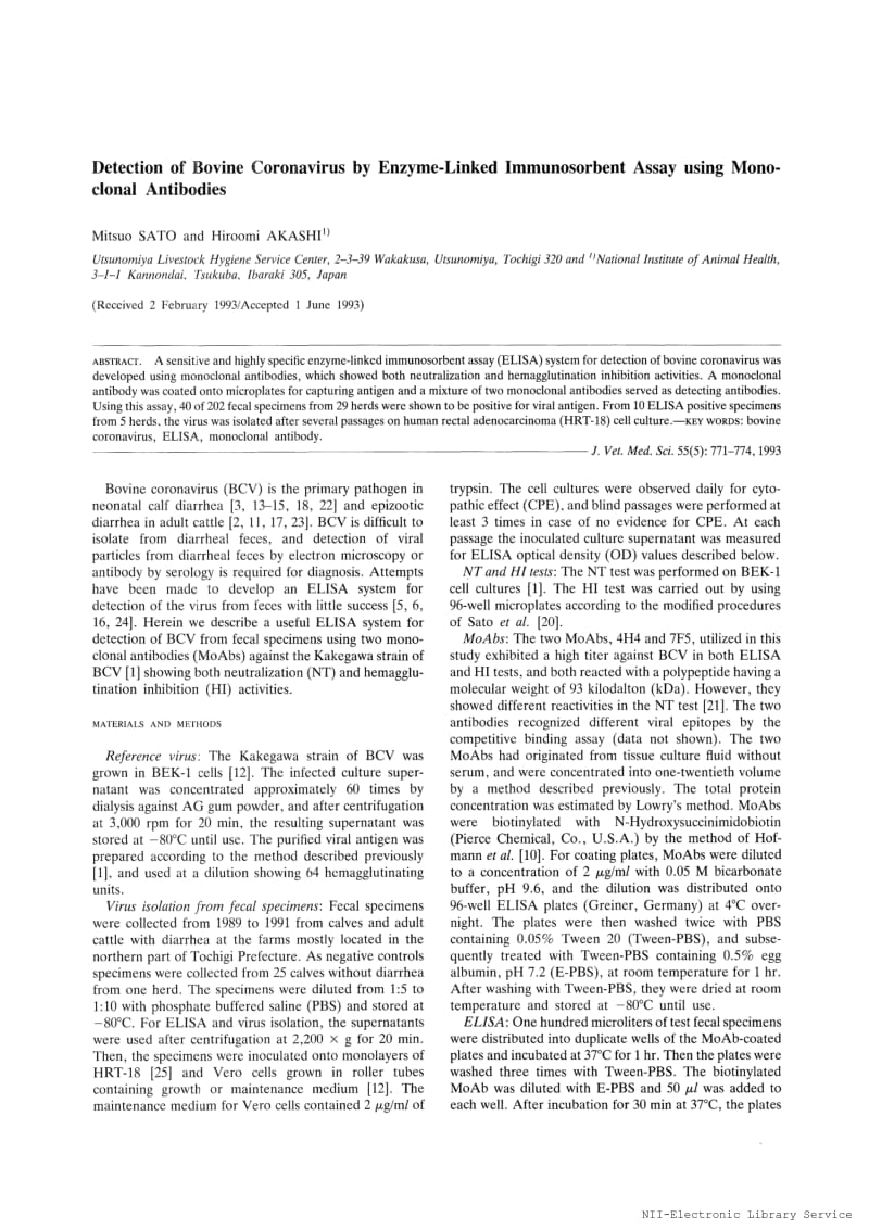 【病毒外文文献】1993 Detection of Bovine Coronavirus by Enzyme-Linked Immunosorbent Assay using Monoclonal Antibodies__第1页