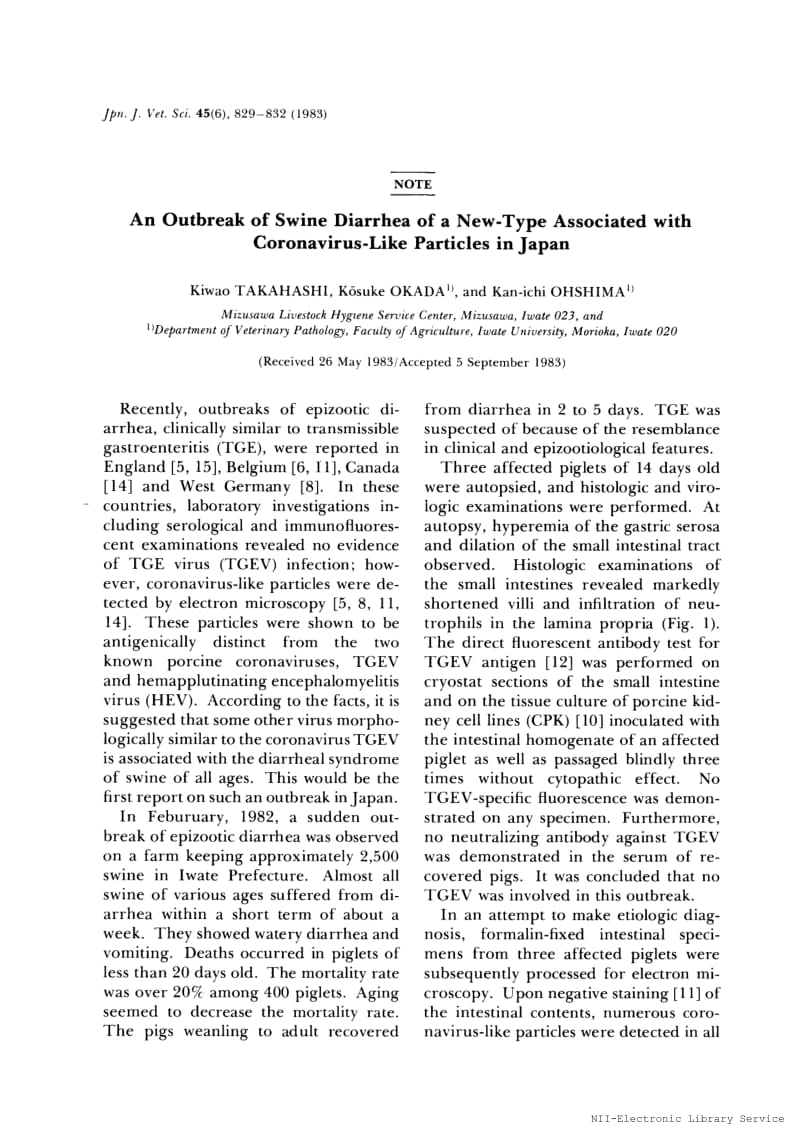 【病毒外文文献】1983 An outbreak of swine diarrhea of a new-type associated with coronavirus-like particles in Japan__第1页