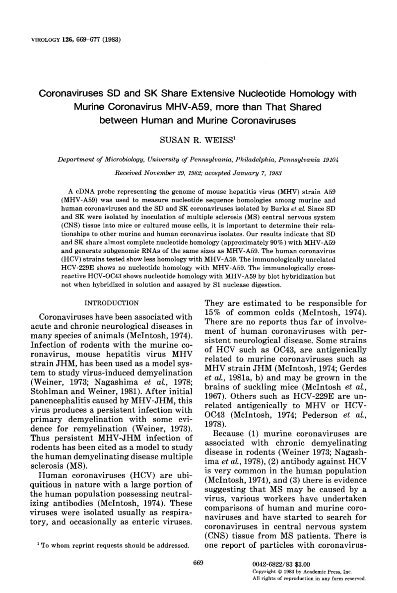 【病毒外文文献】1983 Coronaviruses SD and SK share extensive nucleotide homology with murine coronavirus MHV-A59, more than that shared_第1页