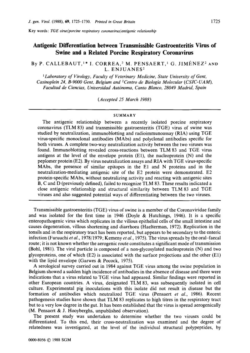 【病毒外文文献】1988 Antigenic Differentiation between Transmissible Gastroenteritis Virus of Swine and a Related Porcine Respiratory Co_第1页