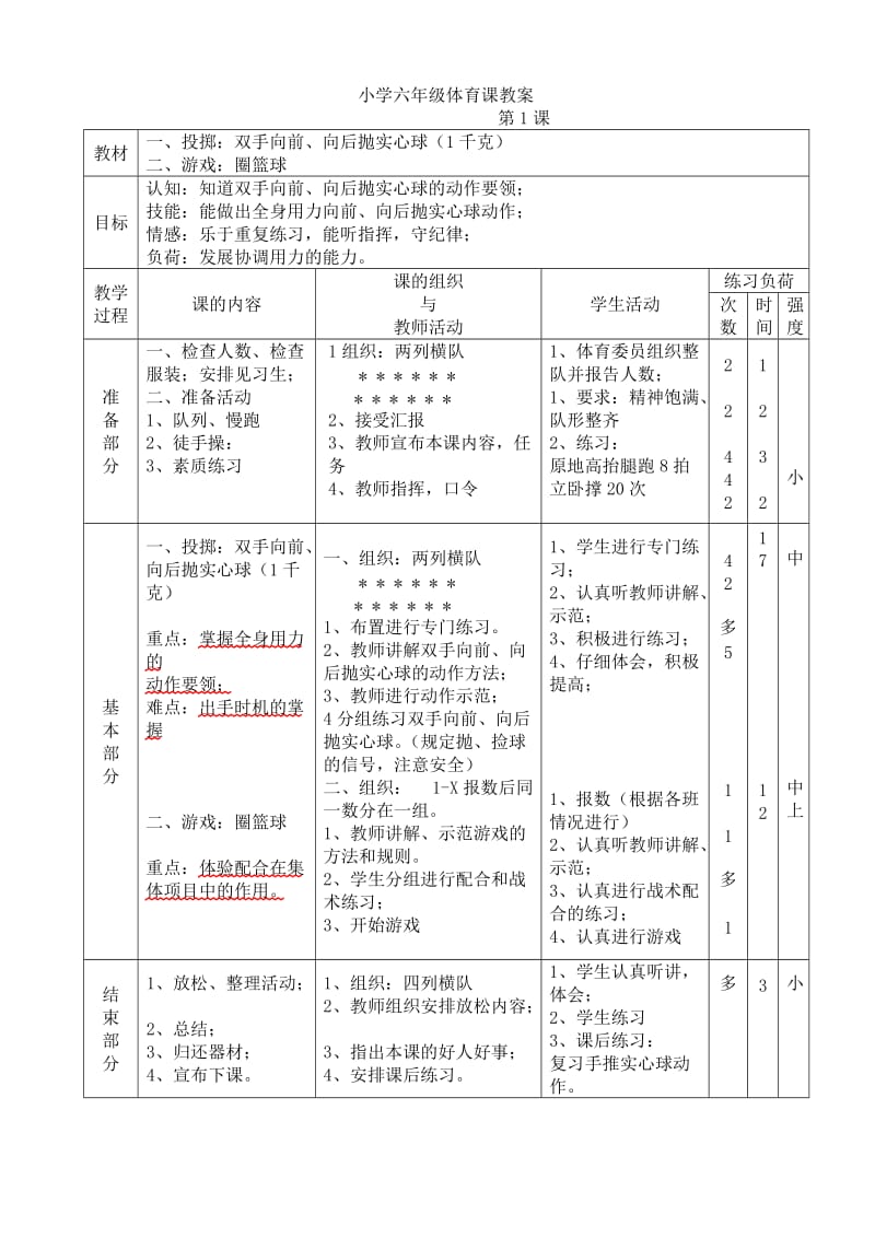 小学六年级体育课排好的.doc_第1页