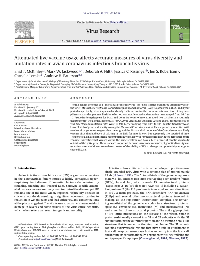 【病毒外文文献】2011 Attenuated live vaccine usage affects accurate measures of virus diversity and mutation rates in avian coronavirus_第1页