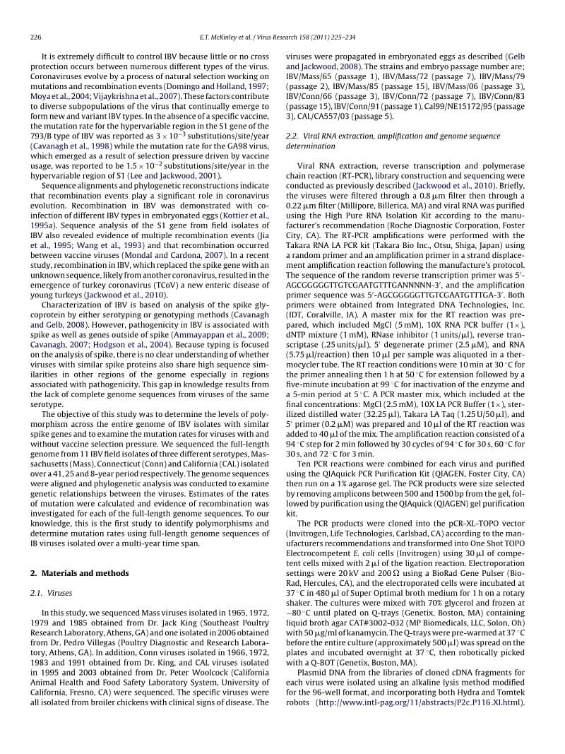 【病毒外文文献】2011 Attenuated live vaccine usage affects accurate measures of virus diversity and mutation rates in avian coronavirus_第2页
