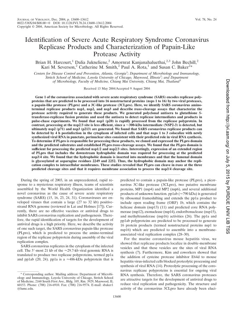 【病毒外文文献】2004 Identification of Severe Acute Respiratory Syndrome Coronavirus Replicase Products and Characterization of Papain-L_第1页