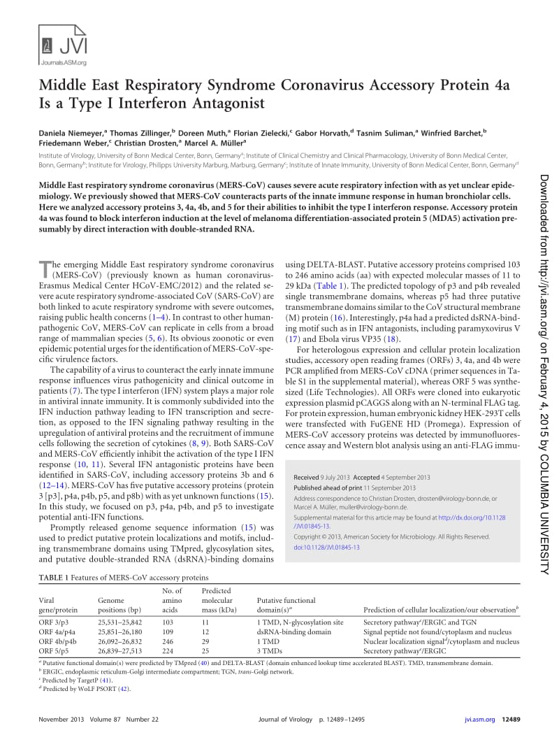 【病毒外文文獻】2013 Middle East Respiratory Syndrome Coronavirus Accessory Protein 4a Is a Type I Interferon Antagonist