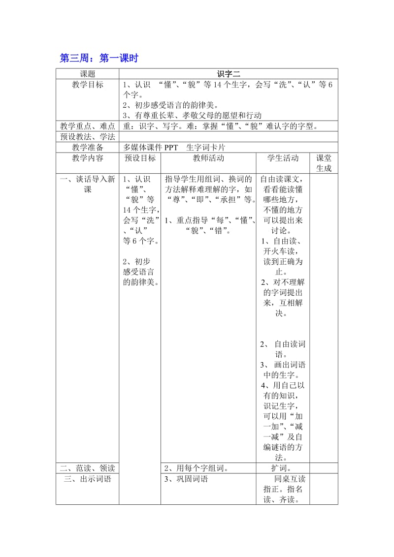 小学一年级下册表格式教案.doc_第1页