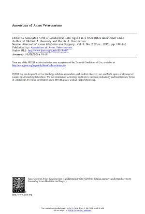 【病毒外文文獻(xiàn)】1995 Enteritis Associated with a Coronavirus-Like Agent in a Rhea (Rhea americana) Chick