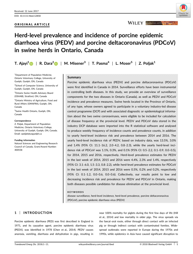 【病毒外文文献】2018 Herd-level prevalence and incidence of porcine epidemic diarrhoea virus (PEDV) and porcine deltacoronavirus (PDCoV)_第1页