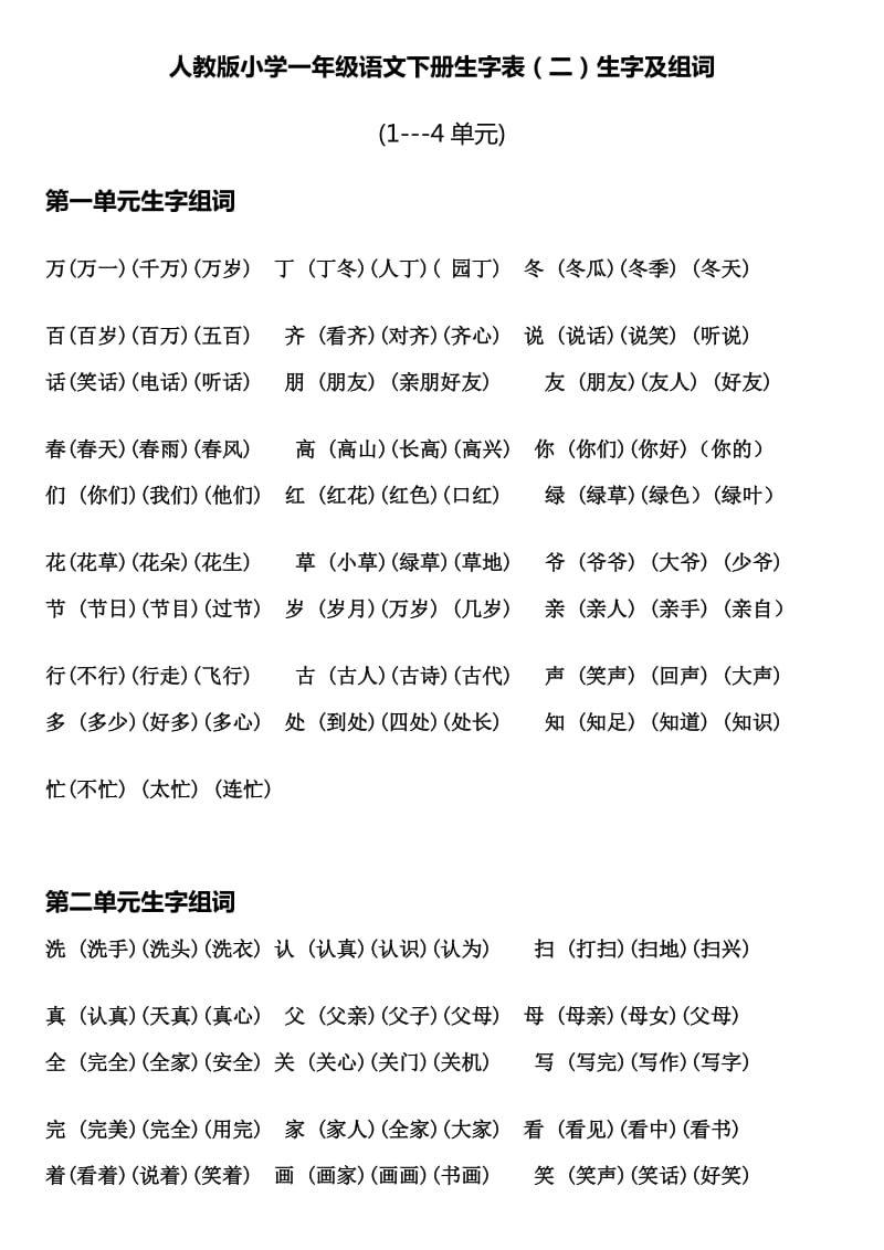 小学一年级语文下册生字表2一至四单元生字组词.doc_第1页