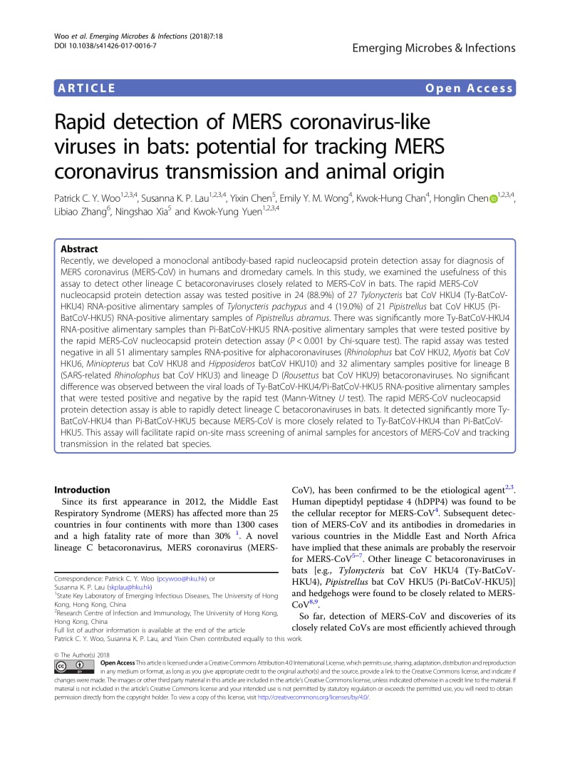 【病毒外文文献】2018 Rapid detection of MERS coronavirus-like viruses in bats_ potential for tracking MERS coronavirus transmission and_第1页